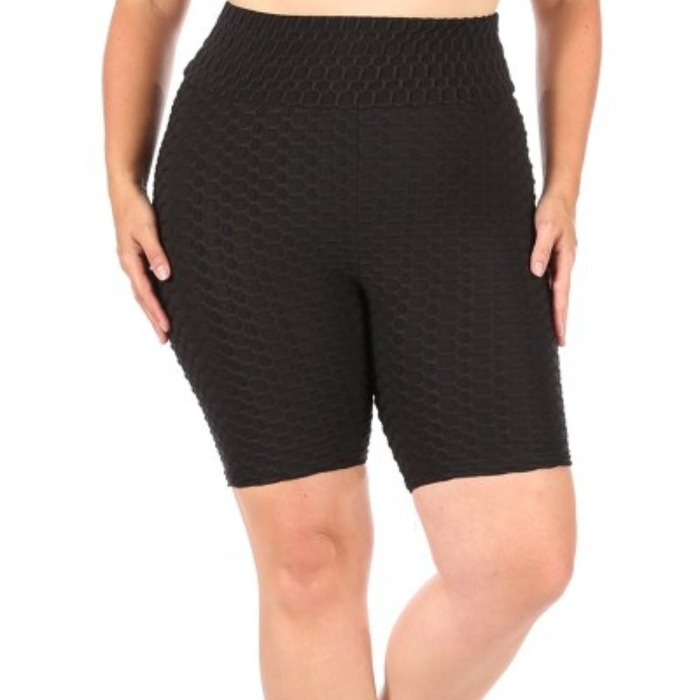 SHOSHO 2X High Waist Shorts Solid Black Honeycomb Waffle Texture Butt Sculpting